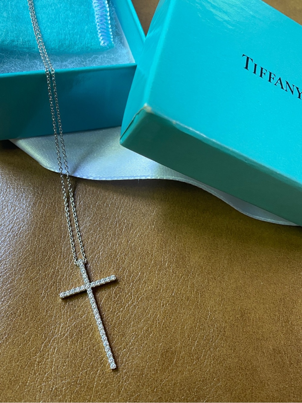 Tiffany Metro Diamonds 18k White Gold Narrow Cross Pendant on 16” Tiffany Chain